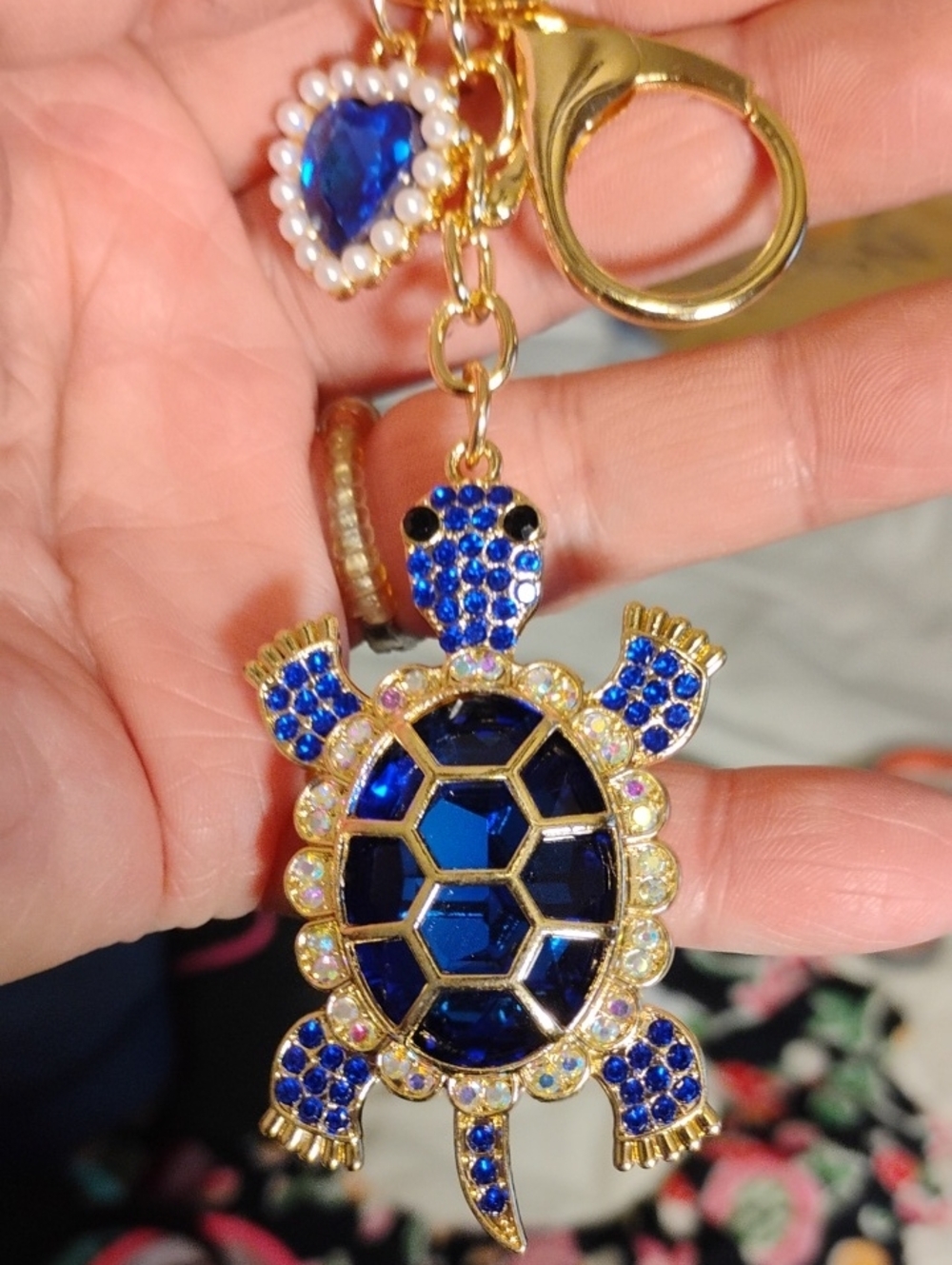 Cobalt Blue Crystal Turtle Keychain Charm